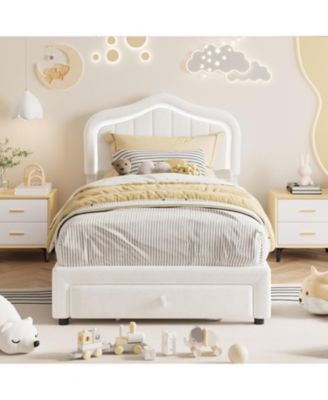 Twin LED Upholstered Bed Frame with Storage Drawer, Velvet Princess Platform for Kids