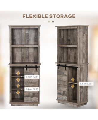 64.5"H MDF Board, Particle Board Sliding Barn Door, 5-Tier Shelves, Anti-Tip Strap Rustic Kitchen Pantry Cabinet