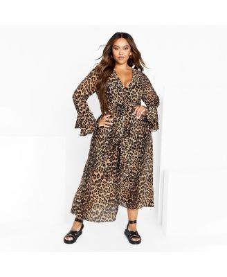 Women's Plus Size Plunge Frill Print Maxi Dress