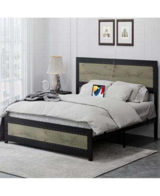 Queen Size Bed Frame, Industrial Wooden Platform Bed Frame with Rivet Headboard