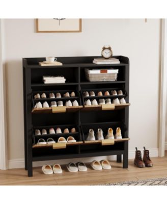 Shoe Storage Cabinet with 4 Flip Drawers, Fluted Narrow Shoe Storage Cabinet Organizer with Legs