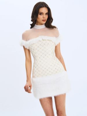 Women's Taylor Ivory Fur Trimmed Beaded Boucle Mini Dress
