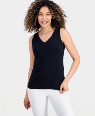 Style & Co Petite Cotton Scalloped V-Neck Sleeveless Top, Exclusively at Macy's