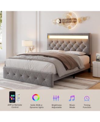 Full Bed Frame with Charging Station and LED Lights, Upholstered Adjustable Headboard, Wood Slats