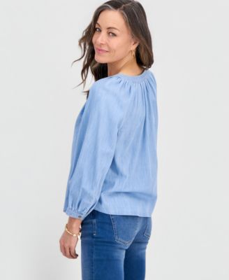 Petite Denim Trapunto-Stitch Blouse