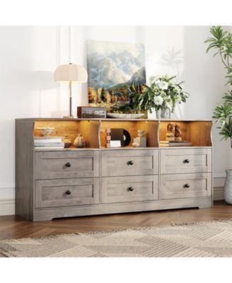 63" Bedroom Dresser with LED Lights & Charging Station Wood Chest of Drawers