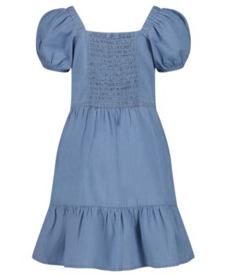 Girls' 7-16 Denim Bubble-Sleeve Dress