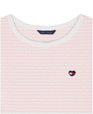 Girls' 7-16 Stripe Pointelle Rib Short-Sleeve Top