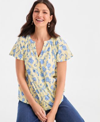 Women's Printed Flutter-Sleeve Button-Front Top