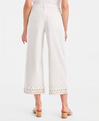 Petite Wide-Leg Embroidered Scallop High-Rise Cropped Jeans