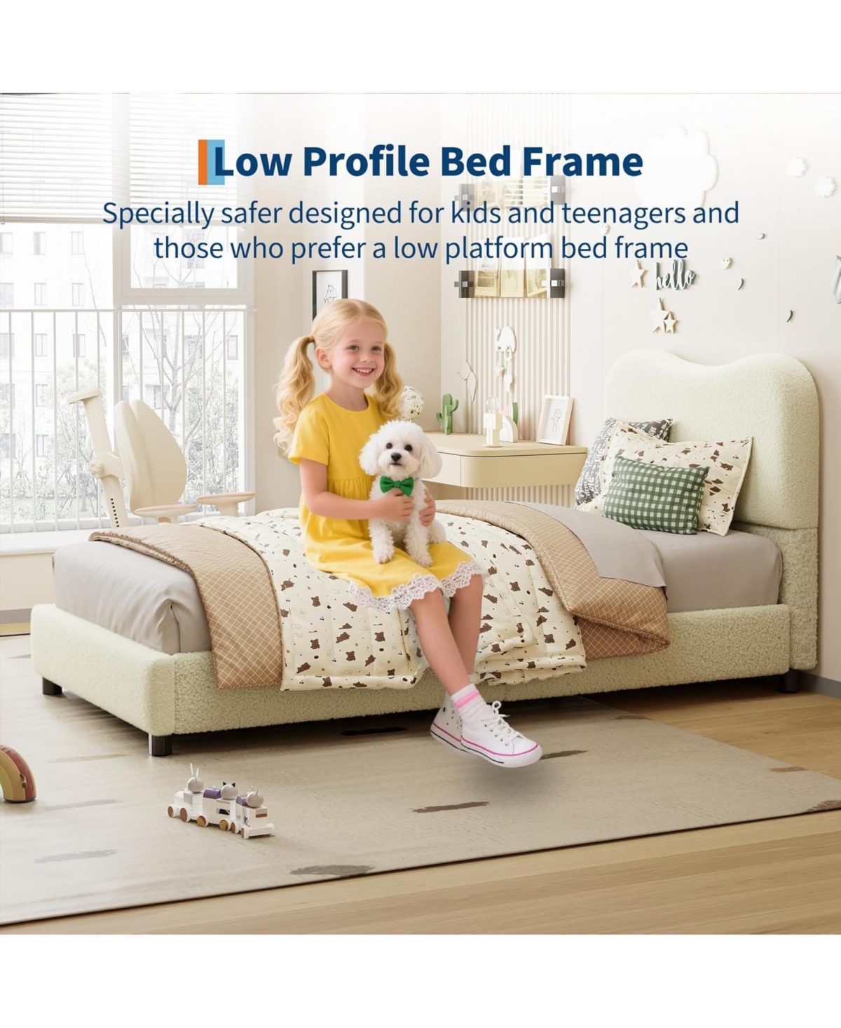 gaomon Senfot Twin Kids Boucle Platform Bed, Upholstered Headboard, Sturdy Frame, Wood Slats, No Box Spring