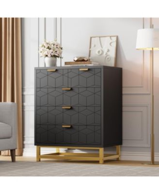 Modern 5 Drawer Wide Dresser Chest, Gold Metal Legs & Handles, Wood Storage Organizer for Bedroom Living Room