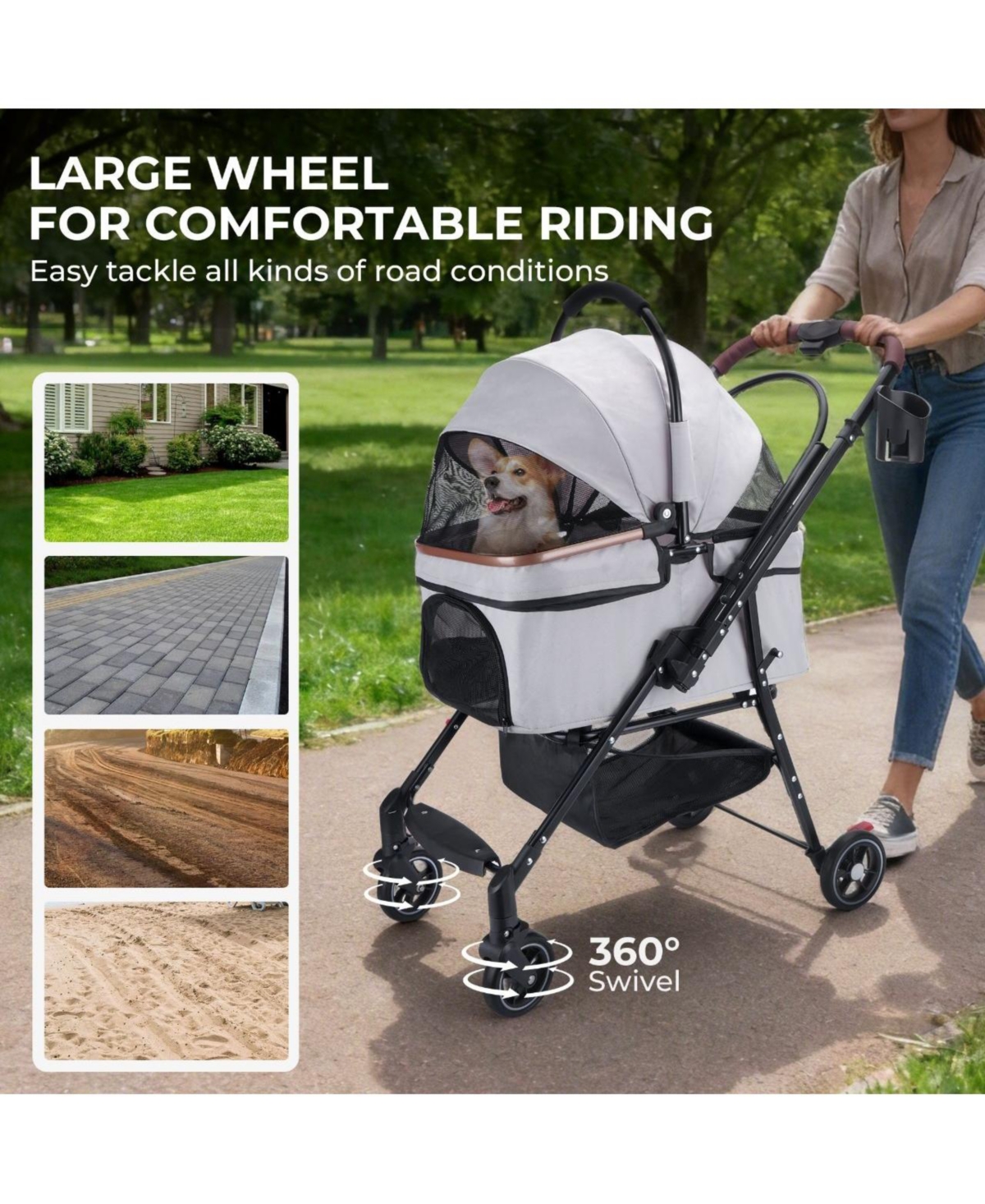 Aostirmotor All-Terrain Pet Stroller with 360° Rotating Wheels & Detachable Carrier, 4-Wheel Foldable Travel System with Storage Bag