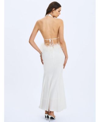 Women Solene Pleated Halter Backless Feather-Trim Maxi Dress