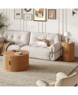 Coffee Table Set with Sliding Tambour Door and Round Fluted End Table for Living Room