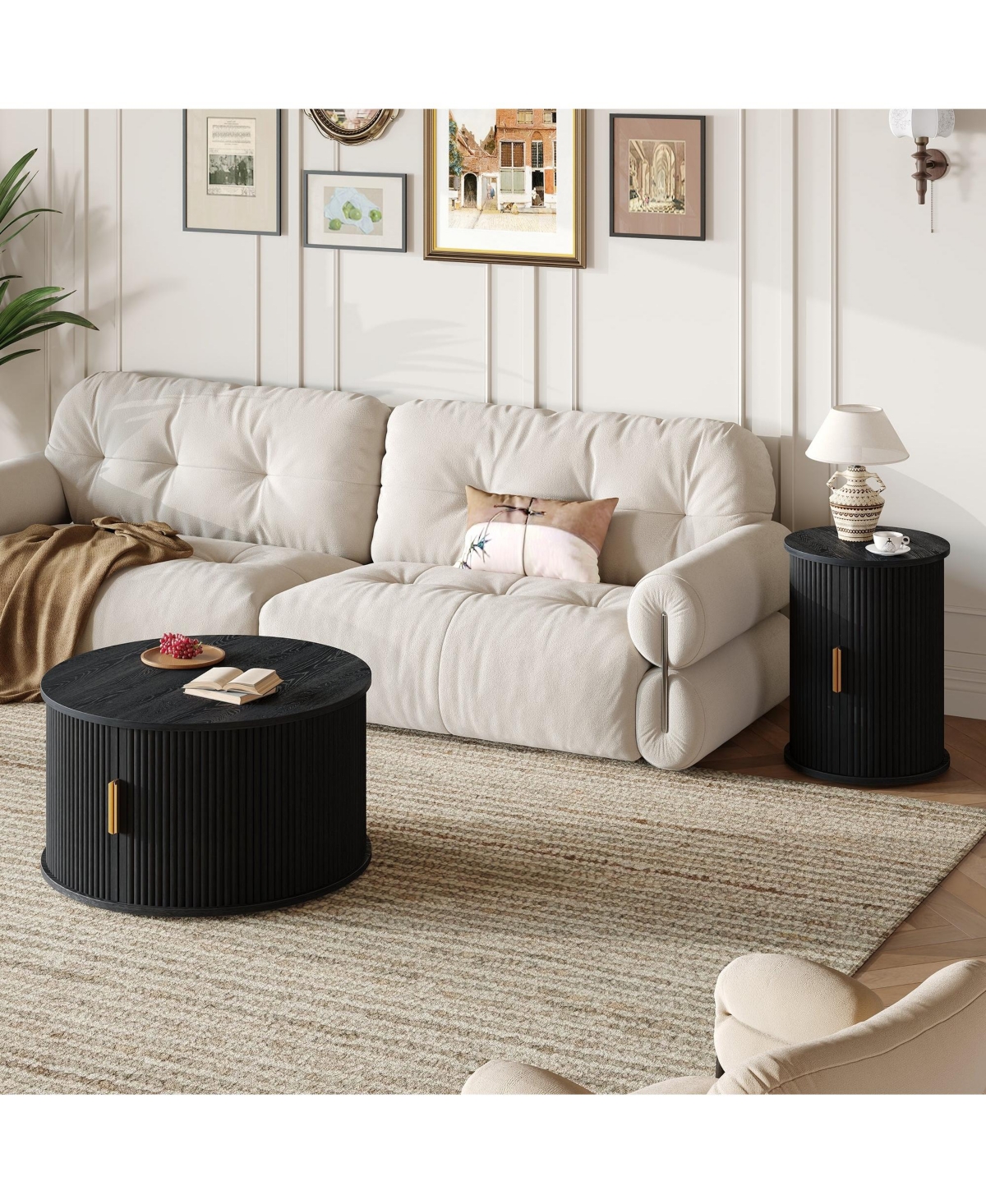Coffee Table Set with Sliding Tambour Door and Round Fluted End for Living Room