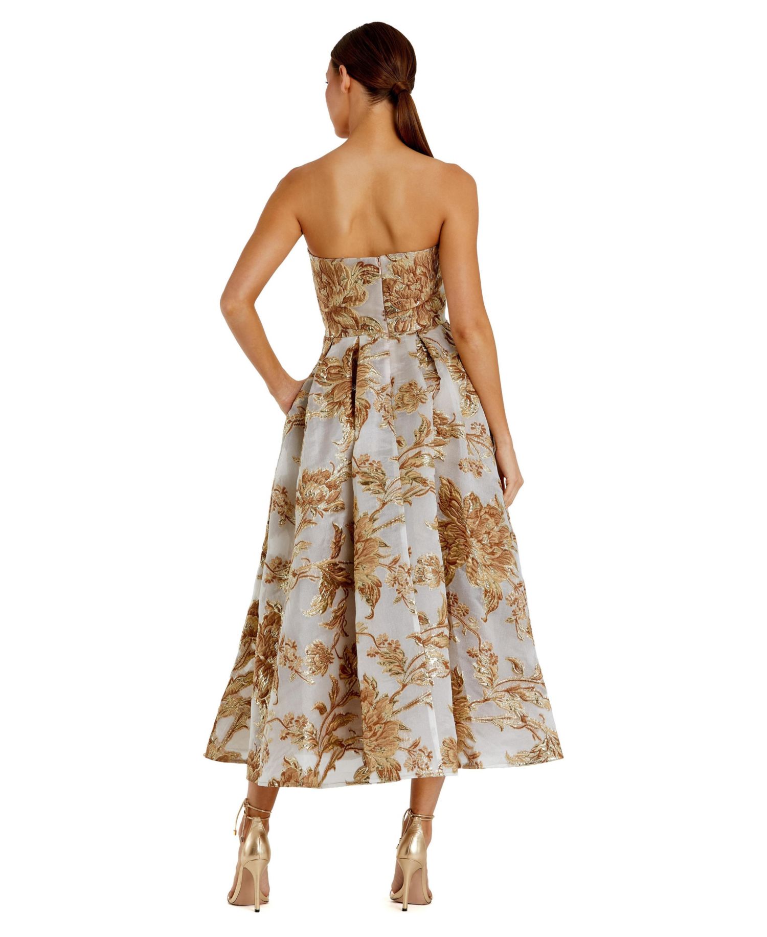 Petite Strapless Brocade Midi Dress with Pockets
