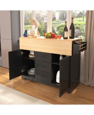 45.4" Farmhouse Black Rolling Kitchen Cart on Wheels with Storage Cabinet