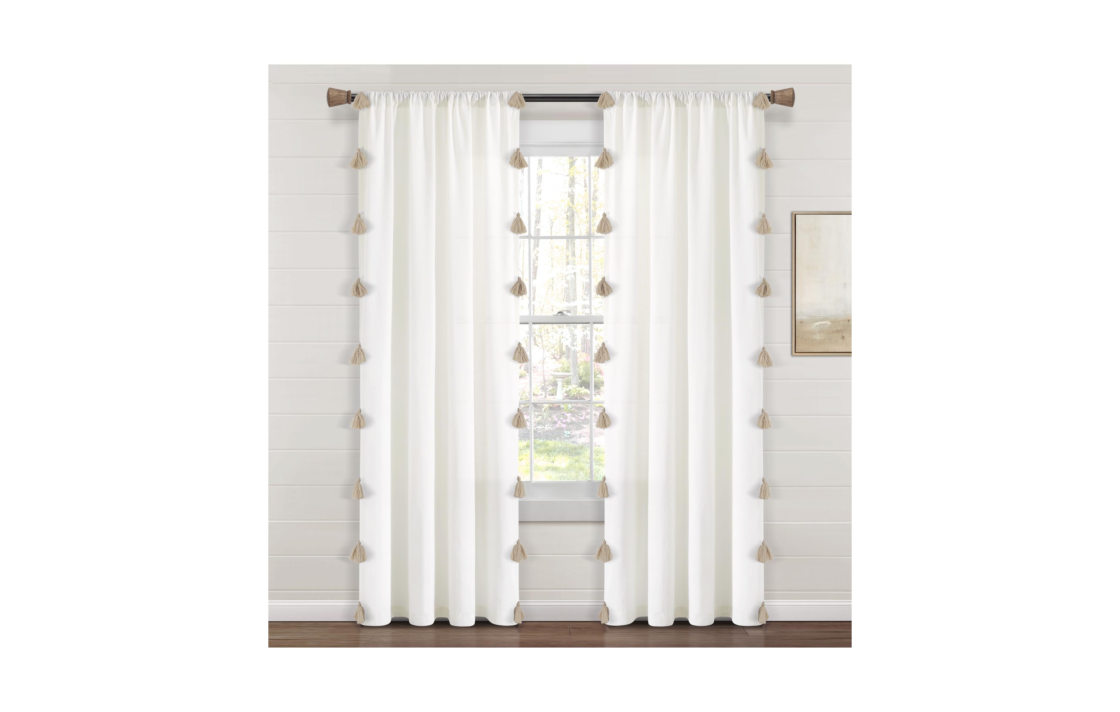 Lush Decor Boho Faux Linen Texture Tassel Window Curtain Panel Single 52"W x 84"L - Curtains For Bedroom - Living Room Curtains