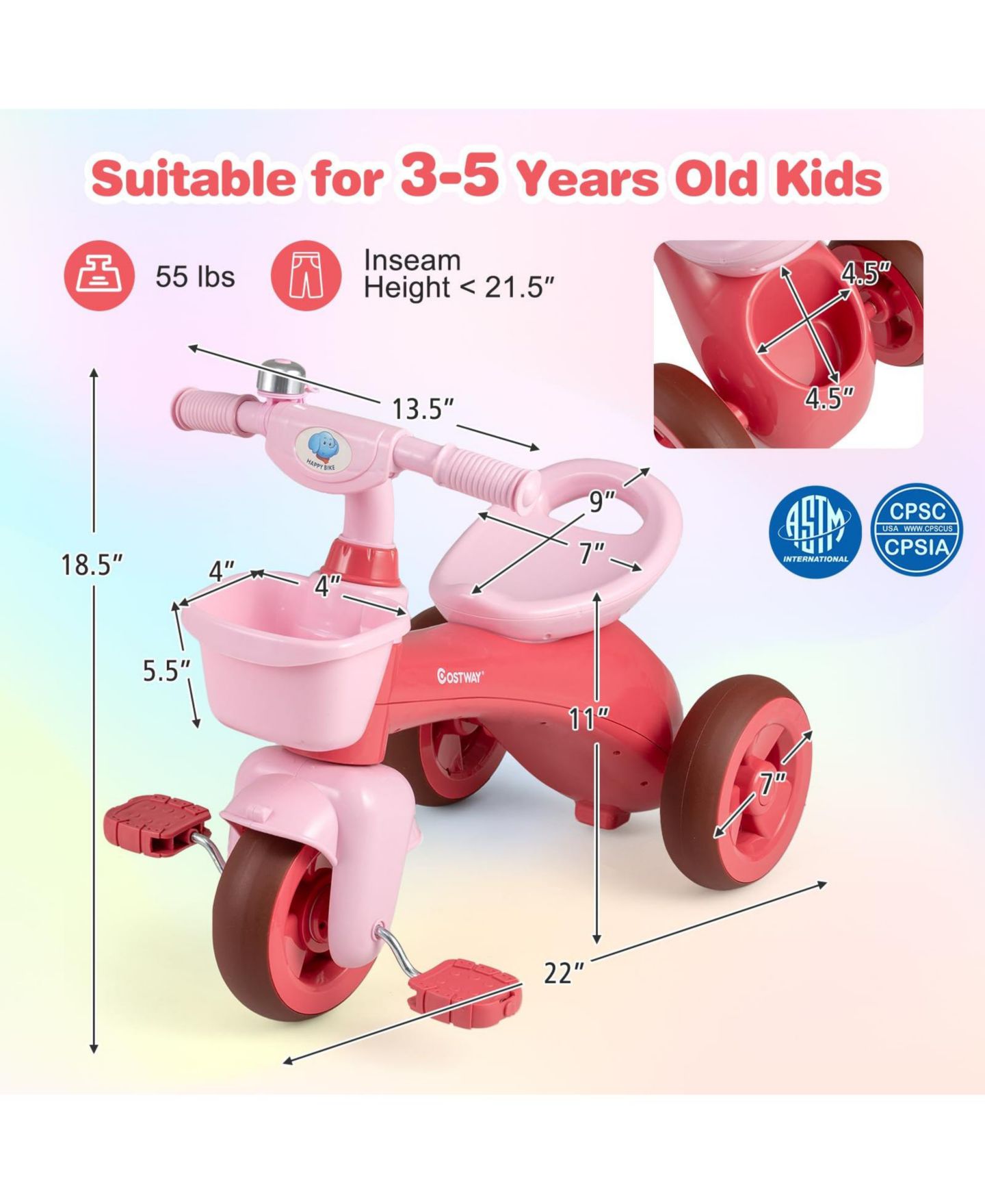 Детская игрушка Mecale Toddler Tricycle with Limited Steering, Front Storage Baskets & Bell, Ages 3–5, цвет: Розовый — фото 3