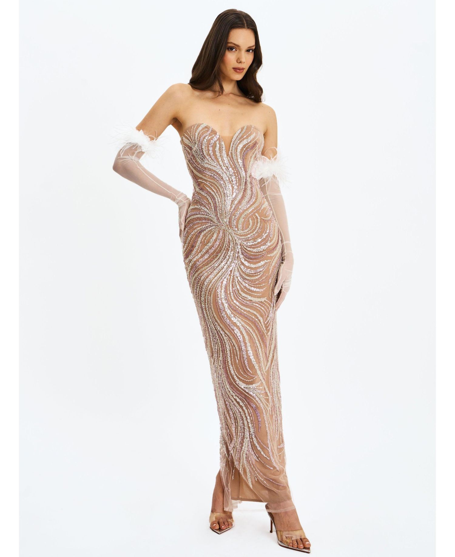 Women's Quinci Apricot Beaded Sequin Sweetheart Maxi Dress