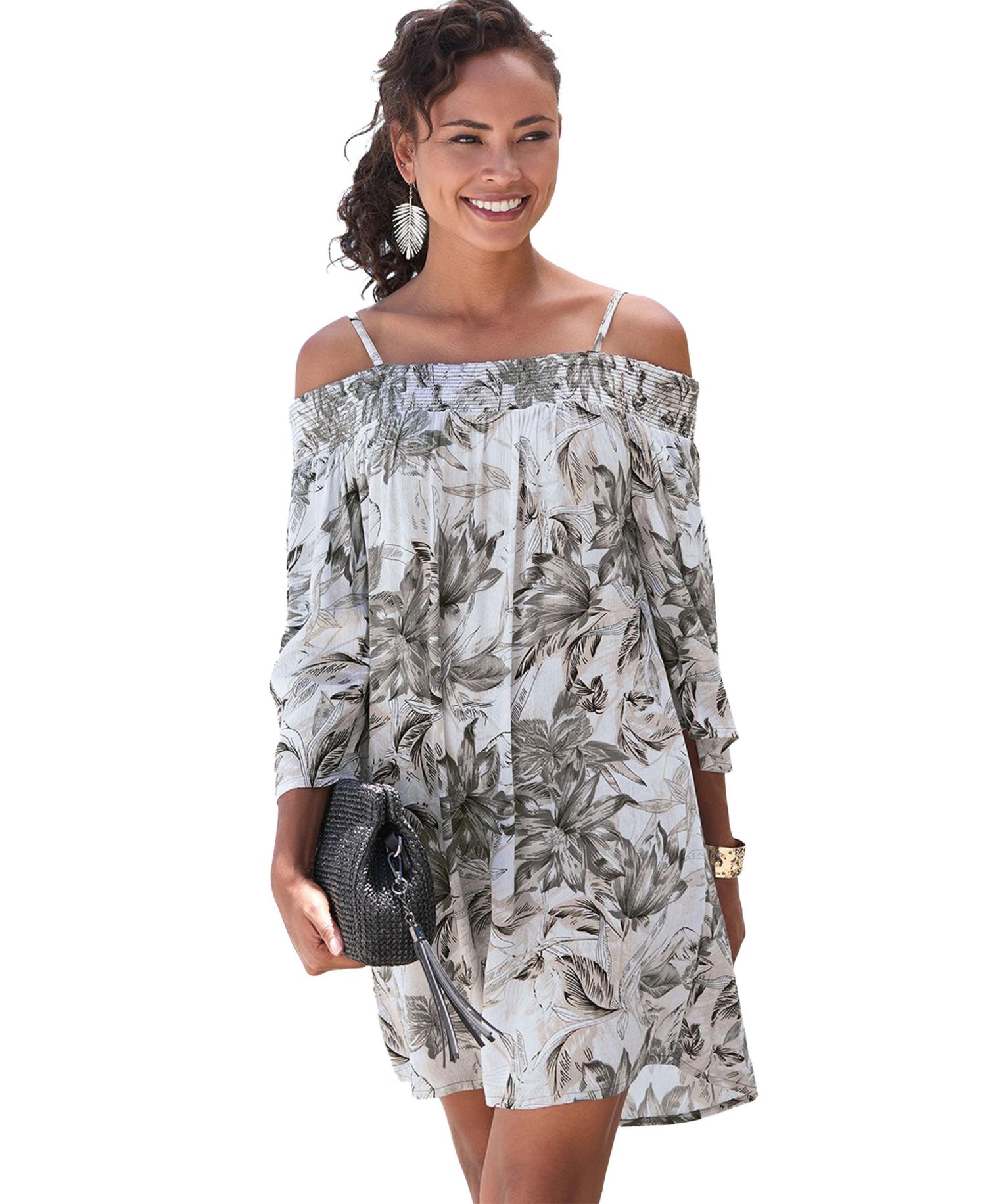 Women's Viscose Printed Off Shoulder Smocked Short Dress