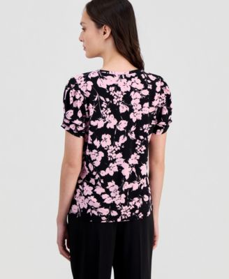 Petite Floral-Print Gathered-Sleeve Top