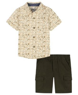 Boys' 2T-5T Short-Sleeve Dino Print Poplin Shirt & Cargo Shorts, 2-Peice Set