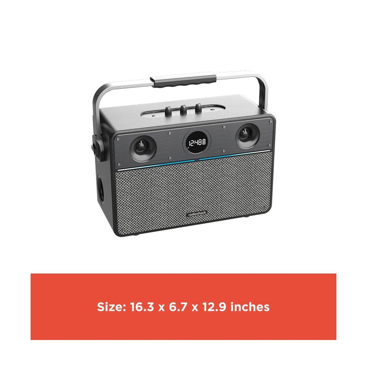 RadioShack 80W Wireless Speaker, Bluetooth/Usb/Aux, Guitar & Mic Inputs, Metallic Finish and Grill For Powerful Sound – Model 4001985