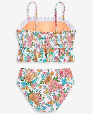 Girls' 7-16 Floral-Print Smocked Peplum Longline Swimsuit, 2-Piece Set