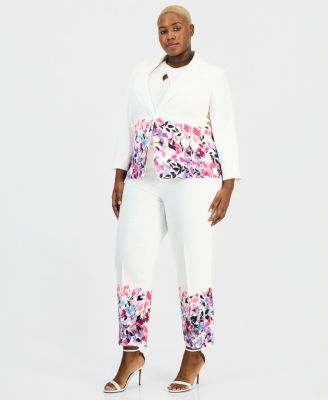 Plus Size Floral-Trim Two-Button Jacket & Straight-Leg Ankle Pants