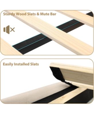 Queen Upholstered Canopy Bed, Tufted Headboard, Nailhead Trim, Sturdy Platform Frame, No Box Spring, Beige