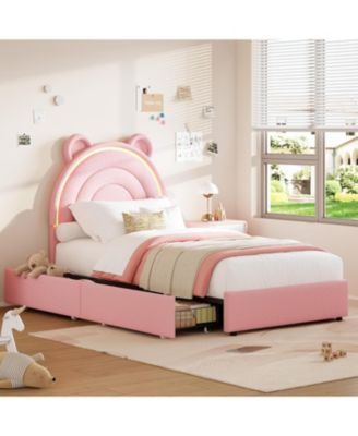 Princess Twin Bed Frame with 4 Storage Drawers, LED Lights, Velvet Platform, Rainbow Headboard, Solid Wood Slats, No Box Spring, Pink