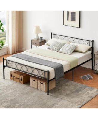 Queen Metal Platform Bed with Heart Design Headboard & Footboard, Strong Frame, No Box Spring, Black