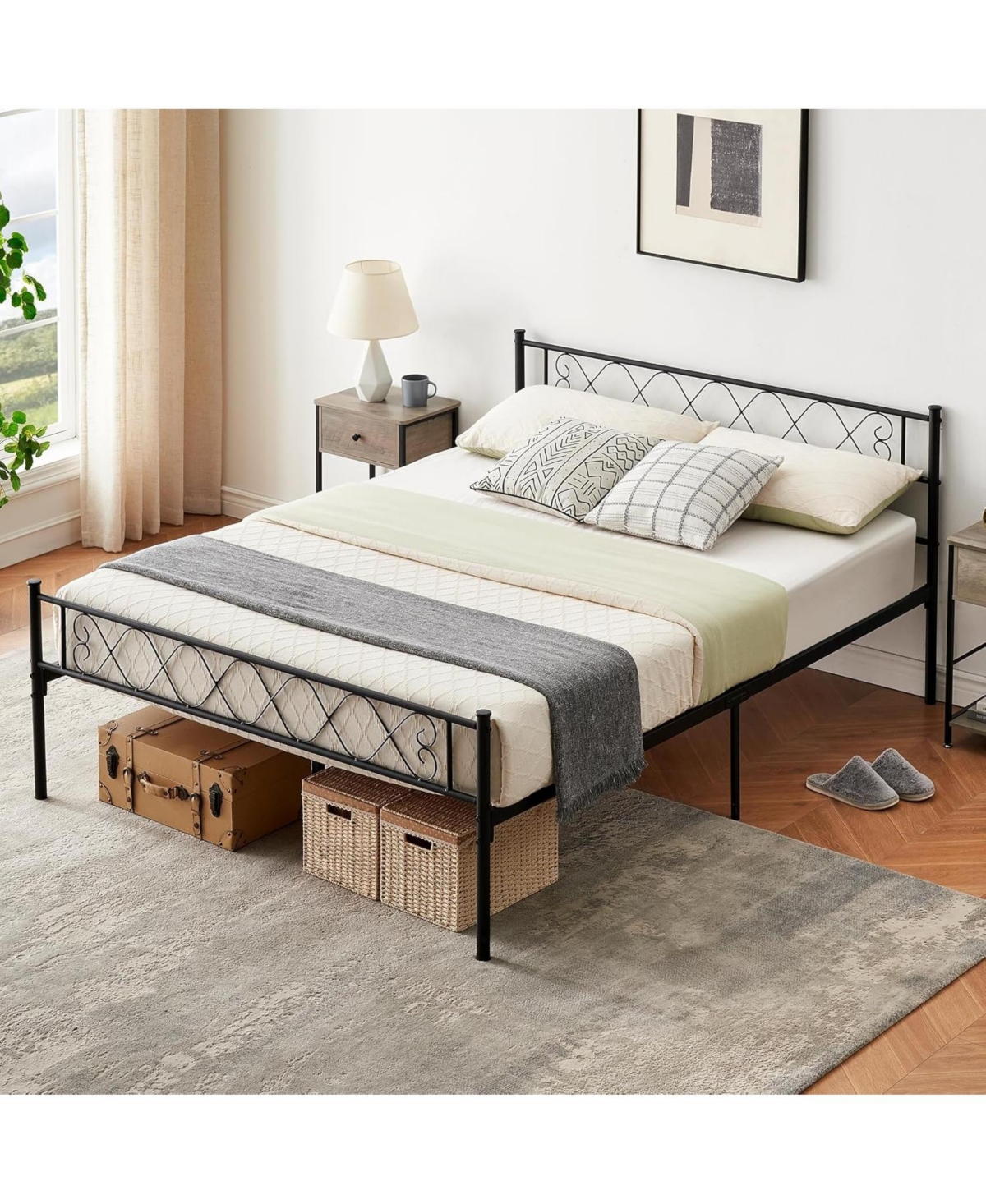 Queen Metal Platform Bed with Heart Design Headboard & Footboard, Strong Frame, No Box Spring, Black