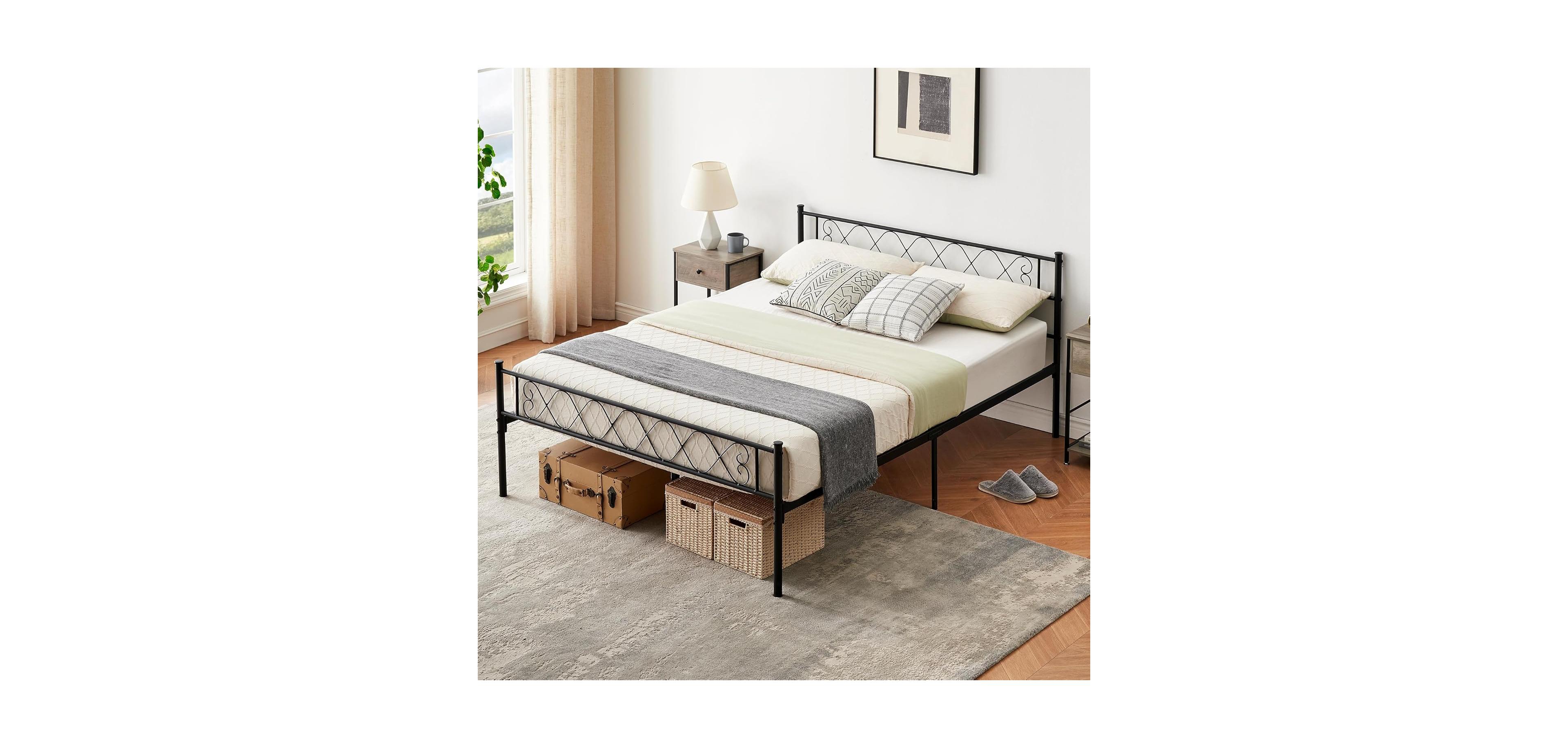 Queen Metal Platform Bed with Heart Design Headboard & Footboard, Strong Frame, No Box Spring, Black