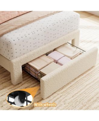 2 Sets Twin Bed Frame with Under-Bed Drawer, Upholstered Platform Bed with Wave Headboard for Kids/Girls, Wooden Slats Support, Boucle Beige