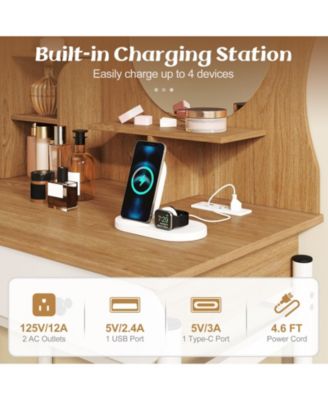 Small Kitty Vanity Desk with Lighted Mirror and Power Outlets, Makeup Table