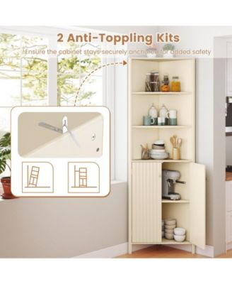 68" Tall Corner Bathroom Cabinet with 5 Shelves and 2 Fluted Doors, Space-Saving