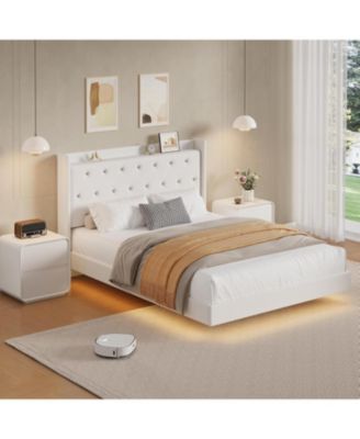 Full Floating Bed Frame with LED Lights, Velvet Upholstered Platform, Storage Headboard