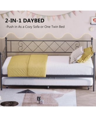 Twin Daybed with Trundle, Heavy-Duty Metal Slats, Upholstered Headboard, Space-Saving