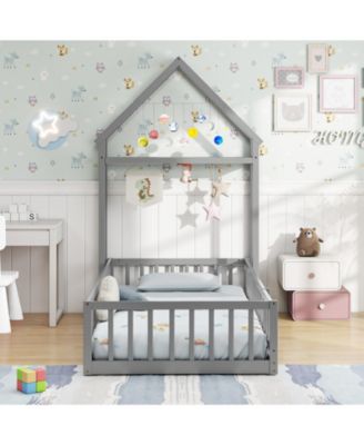 House Style Twin Floor Bed with Decorative Headboard - 48