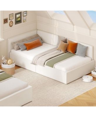 Twin Velvet Daybed with Headboard, Corner Sofa Frame with Guardrails, Upholstered for Bedroom