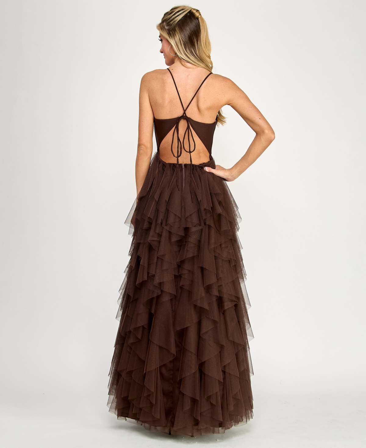 City Studios Juniors' Open Back Mesh V-Neck Cascade Layered Gown