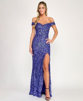 Juniors' Sequin Off-The-Shoulder Lace-Up Back Gown