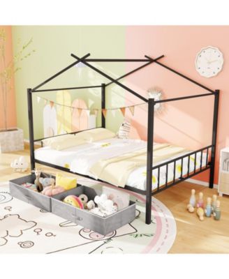 Kids Full Metal House Bed with Roof Frame and Fabric Drawers - 56