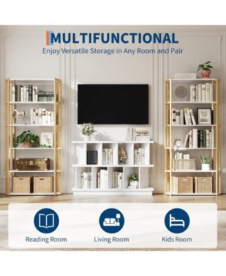 8 Cube Bookcase, Low Open Wood Storage Shelf with Removable Back Panels, Freestanding Bookshelf