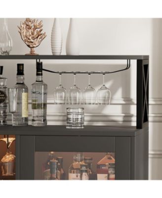 Wine Bar Cabinet with LED Lights & Power Outlets, Farmhouse Liquor Cabinet with Wine Rack & Glass Holder