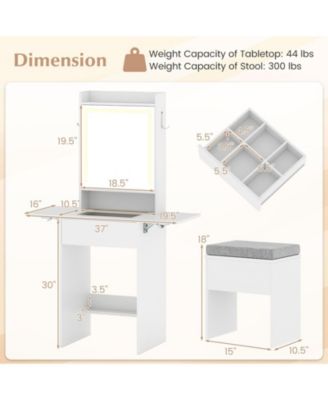 Space-Saving Vanity Desk with Lighted Mirror and Lights, Bedroom Makeup Table