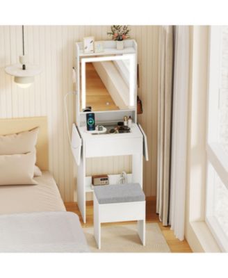 Space-Saving Vanity Desk with Lighted Mirror and Lights, Bedroom Makeup Table